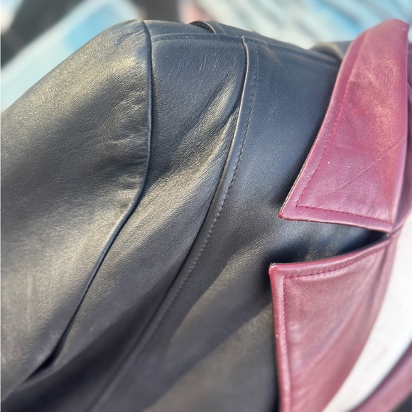 Vintage 1980’s Black & Burgundy Leather Trench Duster Men’s Coat with Hood XL - Picture 7 of 10